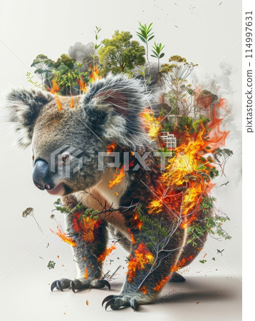Koala with body of burning tropical forest with red flame and smoking black thick smoke, embodied environmental problem of deforestation. Koala with body of burning tropical forest with red flame and smoking black thick smoke, embodied environmental problem of deforestation. 114997631