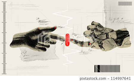 Human hand and robotic hand reaching red pill. Human capabilities and robotic innovations. Contemporary art collage. 114997641