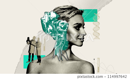 Woman with cybernetic device extending into her brain. Integration of advanced technology with human sensory systems. Contemporary art collage. 114997642