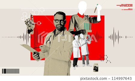 Scientific environment with multiple elements symbolizing research and innovation. Scientist, surrounded by various scientific activity. Contemporary art collage. 114997643