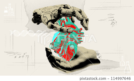 Heart with mechanical gears and electronic circuits. Biomechanical engineering. Enhancing human health and longevity. Contemporary art collage. Heart with mechanical gears and electronic circuits. Biomechanical engineering. Enhancing human health and longevity. Contemporary art collage. 114997646