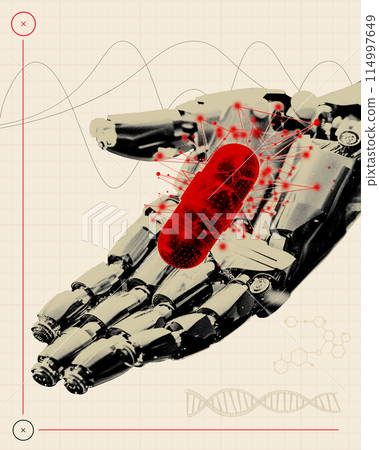 Nanotechnology in Medicine. Robotic hand holding red pill. Intersection of advanced robotics and medical technology. Contemporary art collage. Nanotechnology in Medicine. Robotic hand holding red pill. Intersection of advanced robotics and medical technology. Contemporary art collage. 114997649