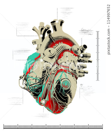 Heart with technological elements. Human organs upgraded with mechanical parts to improve functions. Contemporary art collage. 114997652