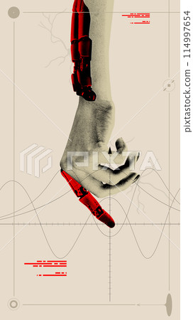 Human arm transitioning into robotic limb. Fusion of human biology with advanced robotics. Contemporary art collage. Prosthetics technologies 114997654
