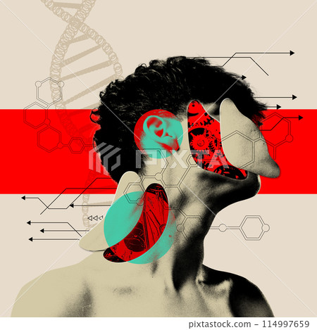 Human head with mechanical components inside. Cybernetic enhancements. Contemporary art collage. Integration of Man and Machine Human head with mechanical components inside. Cybernetic enhancements. Contemporary art collage. Integration of Man and Machine 114997659