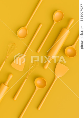 Wooden kitchen utensils, tools and equipment on yellow monochrome background. Wooden kitchen utensils, tools and equipment on yellow monochrome background. 114997927