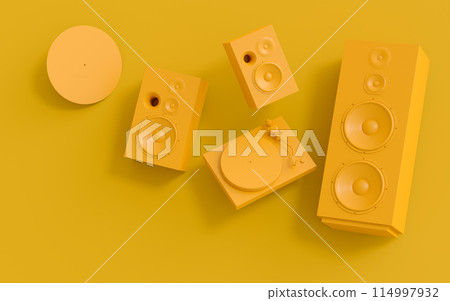 Set of Hi-fi speakers and DJ turntable for sound recording studio on monochrome 114997932