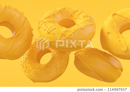 Chocolate glazed donut with sprinkles on plain monochrome yellow color Chocolate glazed donut with sprinkles on plain monochrome yellow color 114997937