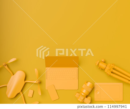 Top view of designer workspace and photography gear on monochrome table 114997941