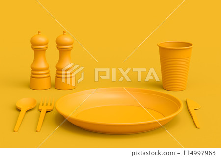 Set of disposable utensils like plate, folk, spoon,knife, cup and pepper mill Set of disposable utensils like plate, folk, spoon,knife, cup and pepper mill 114997963