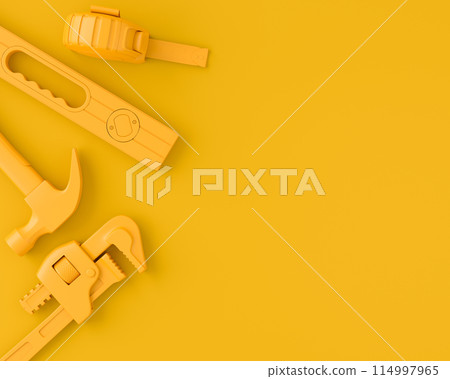 Top view of monochrome construction tools for repair on multicolor background Top view of monochrome construction tools for repair on multicolor background 114997965