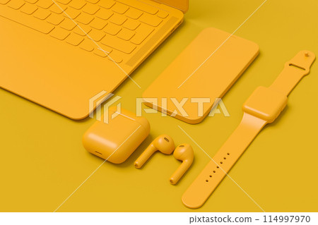 Computer tablet with stylus, smart watch, phone and headphones on monochrome Computer tablet with stylus, smart watch, phone and headphones on monochrome 114997970