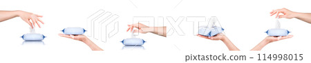 Woman hand use antibacterial wet wipes or tissue isolated on a white background Woman hand use antibacterial wet wipes or tissue isolated on a white background 114998015