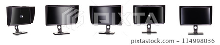 Professional monitor with shading hood and calibrator isolated on white Professional monitor with shading hood and calibrator isolated on white 114998036