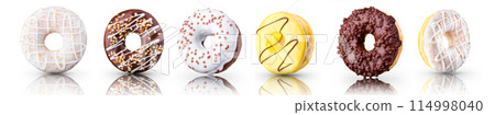 Set of chocolate glazed donut with sprinkles on a white background rotated Set of chocolate glazed donut with sprinkles on a white background rotated 114998040