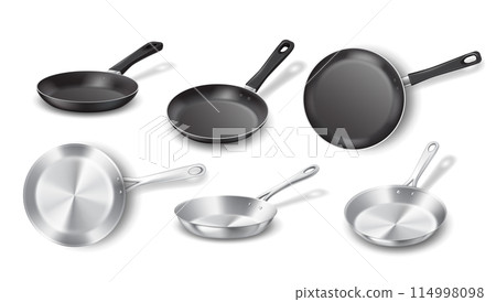 Non stick and stainless frying pans realistic illustrations Non stick and stainless frying pans realistic illustrations 114998098