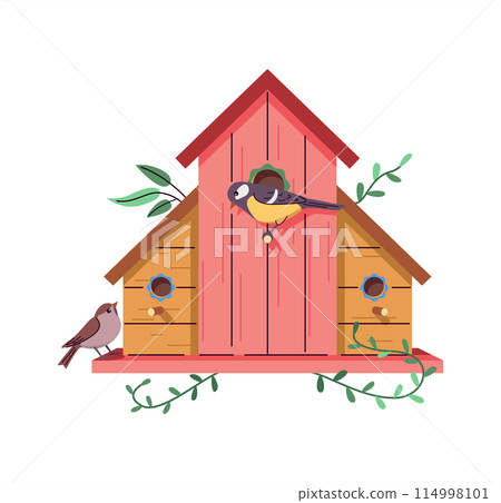 Birdhouse with titmouse and vine plant 2D cartoon object 114998101