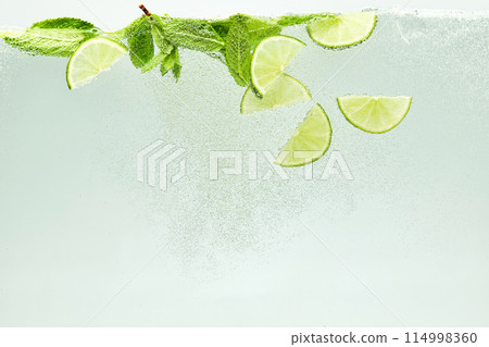 Textured photo. Abstract wallpaper. Close-up view of glass of water infused with lime and mint. Refreshing Mojito drink. Textured photo. Abstract wallpaper. Close-up view of glass of water infused with lime and mint. Refreshing Mojito drink. 114998360