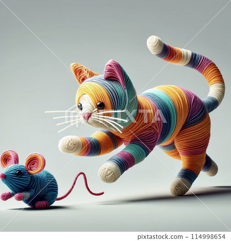 A woolly cat chasing a woolly mouse 114998654