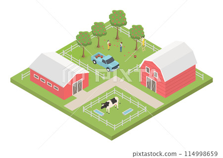 Flat 3d isometric farm. Isometric block. Land and city map constructor elements isolated on white background. Build your own infographic collection. Vector illustration. Flat 3d isometric farm. Isometric block. Land and city map constructor elements isolated on white background. Build your own infographic collection. Vector illustration. 114998659