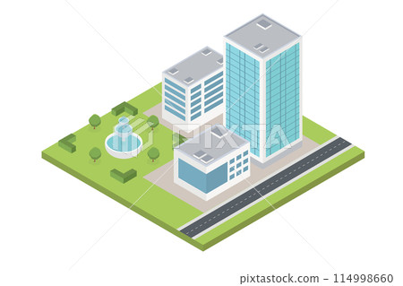 Isometric office, work station, glass building on white background. 3D design isometric vector Illustration. 114998660