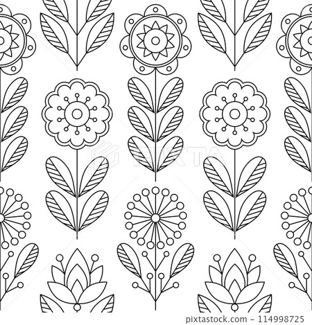 Seamless pattern with flowers in line art style on black background. 114998725