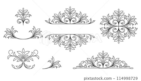 Set of floral dividers and floral vignettes in line art style on white background. 114998729