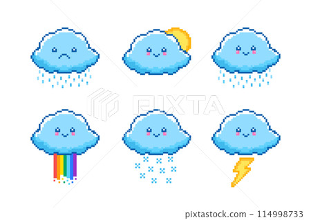 Set of cloud icons in pixel art style on white background. Set of cloud icons in pixel art style on white background. 114998733
