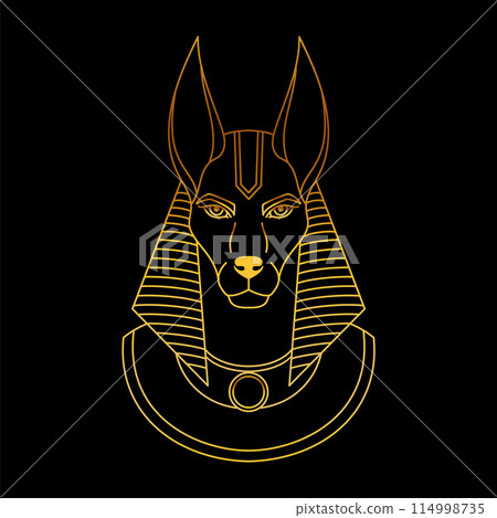 Anubis the god of ancient Egypt. Line art golden icon on black background. 114998735