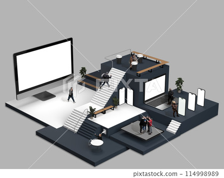 Modern Business Interaction Zone. Isometric design of multi-level business space with people engaging with devices. Connectivity and modern work dynamics. 3D render. Modern Business Interaction Zone. Isometric design of multi-level business space with people engaging with devices. Connectivity and modern work dynamics. 3D render. 114998989