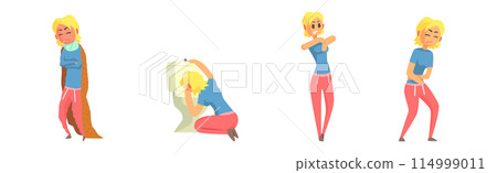 Sick Woman Character Feel Unwell Look Unhappy Vector Set Sick Woman Character Feel Unwell Look Unhappy Vector Set 114999011