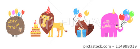 Happy Animal Character Celebrate Birthday Holiday Vector Set 114999019