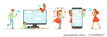 Online Dating with Man and Woman Chat Message Feel Love Vector Set 114999027