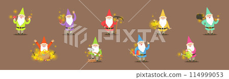 Garden Fairy Gnome Character with Sparkling Lights Vector Set 114999053