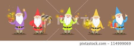 Garden Fairy Gnome Character with Sparkling Lights Vector Set 114999069