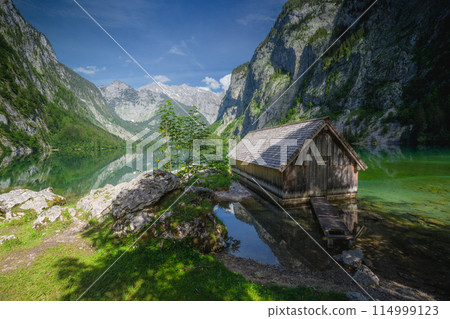 Bootshaus am Obersee lake in Berchtesgaden National Park, Alps Germany 114999123