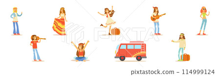Man and Woman Hippie Character Dressed In Classic Subculture Clothes Vector Set 114999124