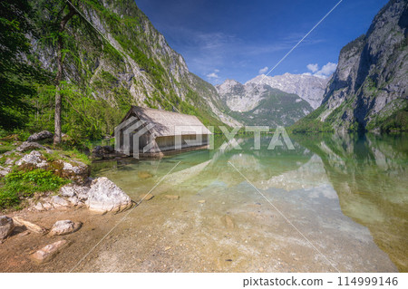 Bootshaus am Obersee lake in Berchtesgaden National Park, Alps Germany 114999146