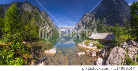 Bootshaus am Obersee lake in Berchtesgaden National Park, Alps Germany 114999147