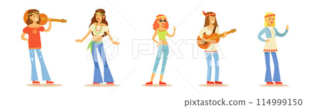 Woman Hippie Character Dressed In Classic Subculture Clothes Vector Set 114999150