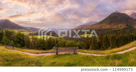 Meadow with road and bench during sunset in Berchtesgaden National Park 114999173