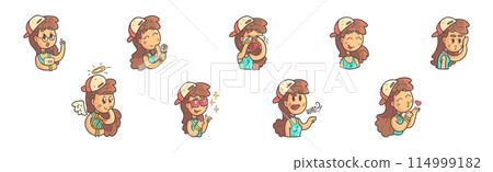 Cute Teenage Girl in Cap with Different Facial Expression Vector Set 114999182