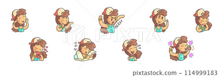 Cute Teenage Girl in Cap with Different Facial Expression Vector Set 114999183