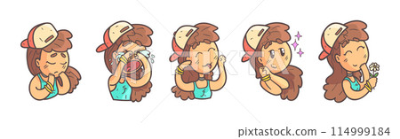 Cute Teenage Girl in Cap with Different Facial Expression Vector Set 114999184