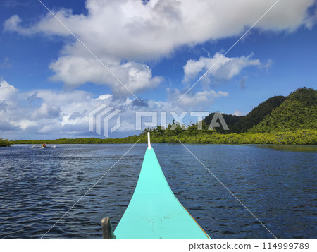 Man on a Motorized Outrigger Boat 114999789