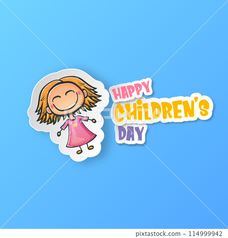 World childrens day background with little funny cute girl isolated on blue background. Vector happy world childrens day poster concept with funny cartoon smiling child 114999942