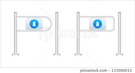 Shop entrance gate icon. Security turnstile gates with directional and no entry signs for controlled access. 115000013