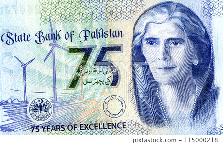Fragment of Pakistani commemorative 75 Rupees banknote 2023 with Fatima Jinnah (1893 -1967) portrait Fragment of Pakistani commemorative 75 Rupees banknote 2023 with Fatima Jinnah (1893 -1967) portrait 115000218