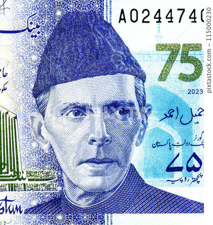 Muhammad Ali Jinnah (1876 - 1948). Portrait from Pakistan 75 Rupee (2023) banknotes Muhammad Ali Jinnah (1876 - 1948). Portrait from Pakistan 75 Rupee (2023) banknotes 115000230