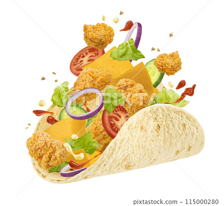 Shawarma or Doner chicken roll with fresh tomato, lettuce salad and sauce splash, tortilla wrap, falling kebab sandwich ingredients isolated on white background, full depth of field Shawarma or Doner chicken roll with fresh tomato, lettuce salad and sauce splash, tortilla wrap, falling kebab sandwich ingredients isolated on white background, full depth of field 115000280